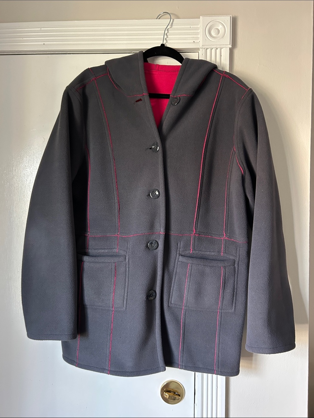 Susan Graver (QVC) reversible Coat in Charcoal with Pink Contrast stitching